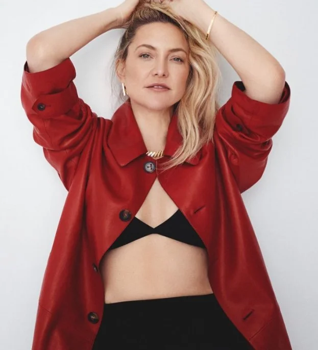 Kate Hudson picture standing wearing red polo and black bra