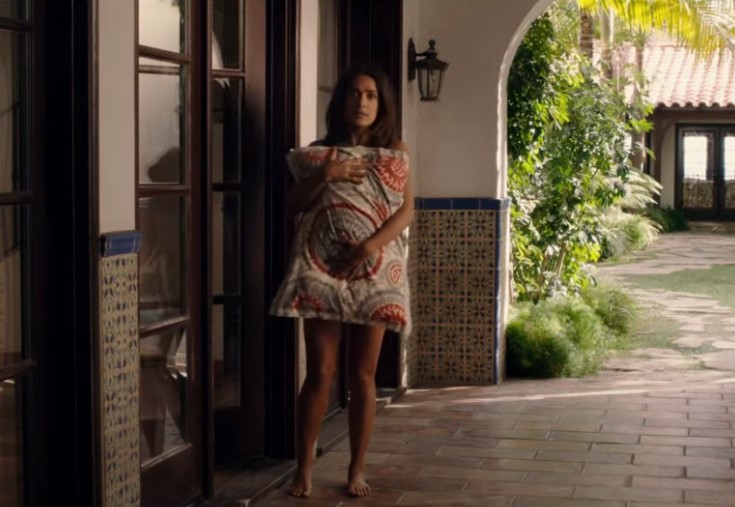 Salma Hayek scene in the movie Some Kind of Beautiful. She is standing holding a pillow covering her body