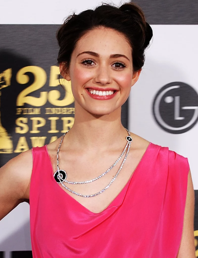 Emmy Rossum picture standing wearing pink dress