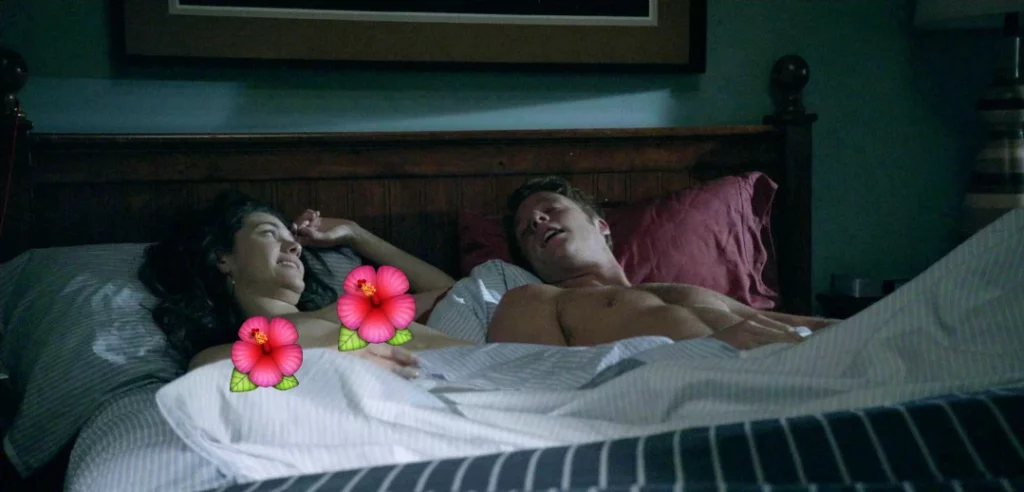 Emmy Rossum leaks in the movie Shameless. She is lying down to bed with a man naked