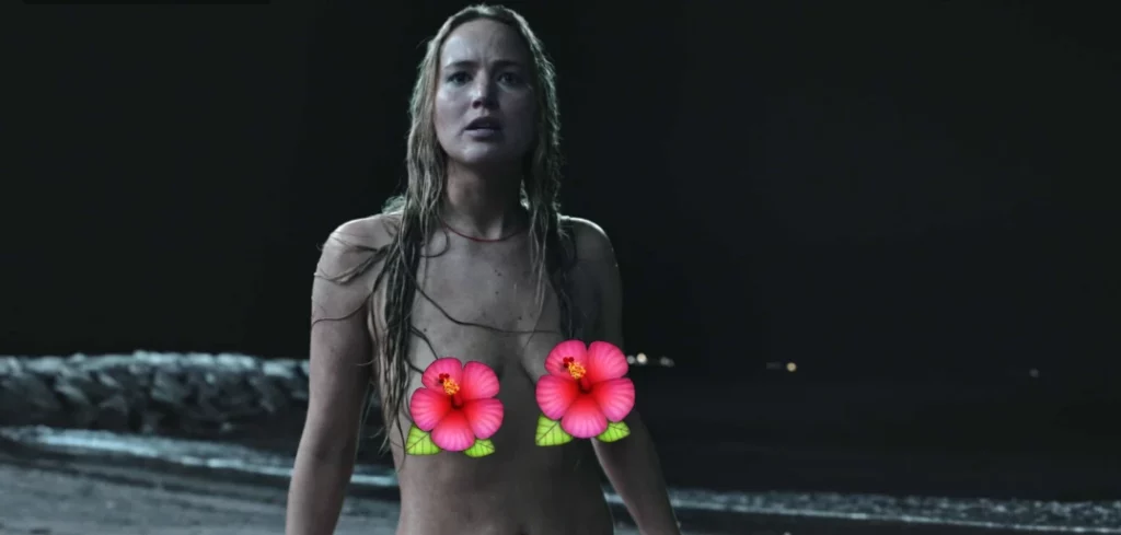 Jennifer Lawrence leaks in the movie No Hard Feelings. She is standing in beach naked