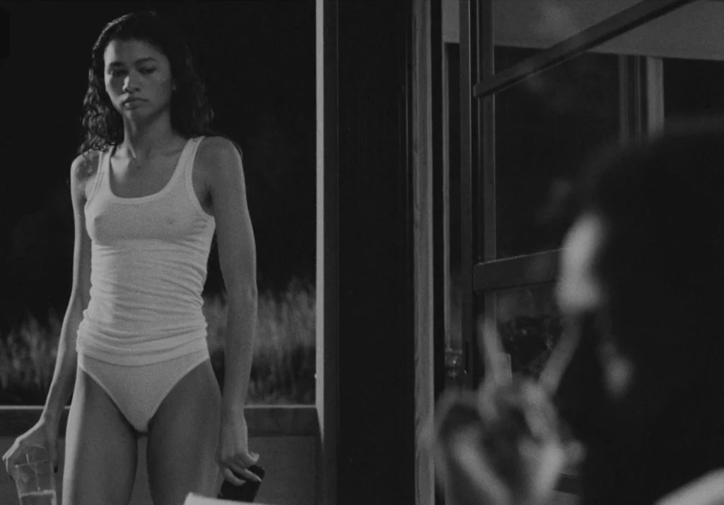 Zendaya Coleman at Malcolm & Marie movie leaks standing wearing white top and white panty