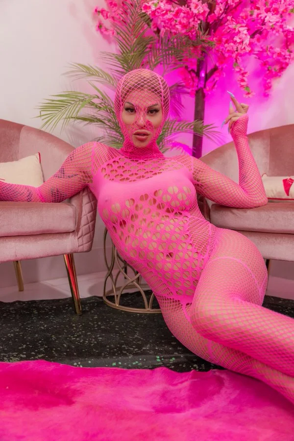 Domino Presley (@dominopresley) OnlyFans model picture wearing sexy pink see through net clothes