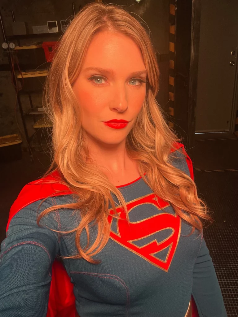Ashley Lane (@ashleylanexxx) OnlyFans model selfie wearing superman costume 