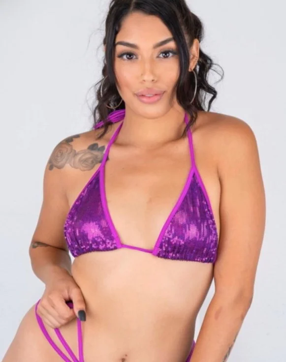 Vanessa Sky (@theluckyslut) OnlyFans model sexy picture wearing purple bikini bra